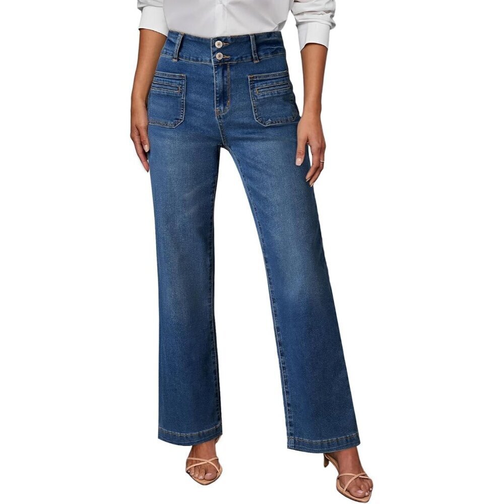 Women's High Waist Wide Leg Jeans Tummy Control Pockets Soft Stretchy